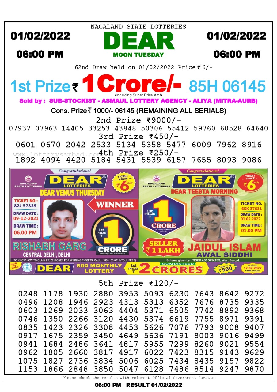 Dear Lottery Nagaland state Lottery Results 6.00 PM 01.02.2022