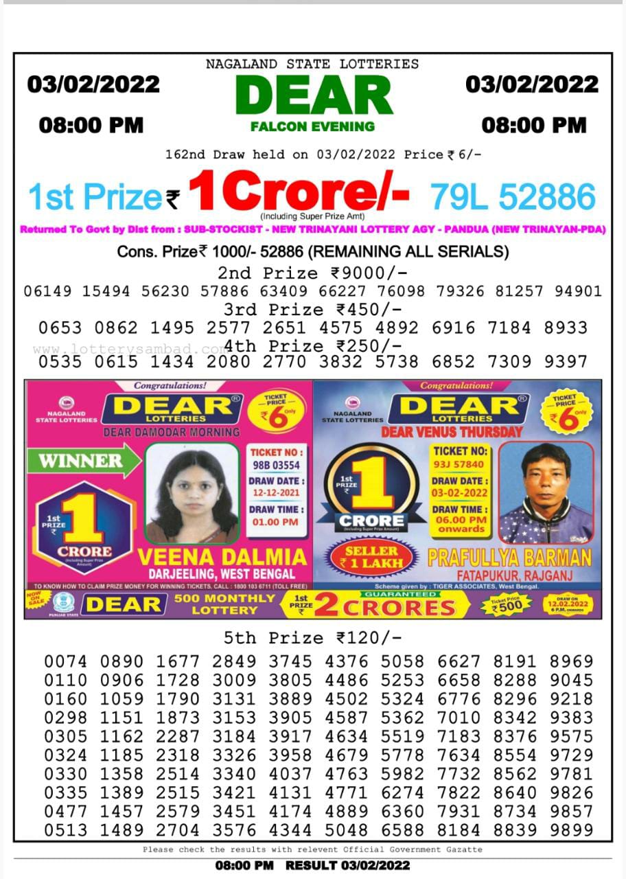 Dear Lottery Nagaland state Lottery Results 8.00 PM 03.02.2022