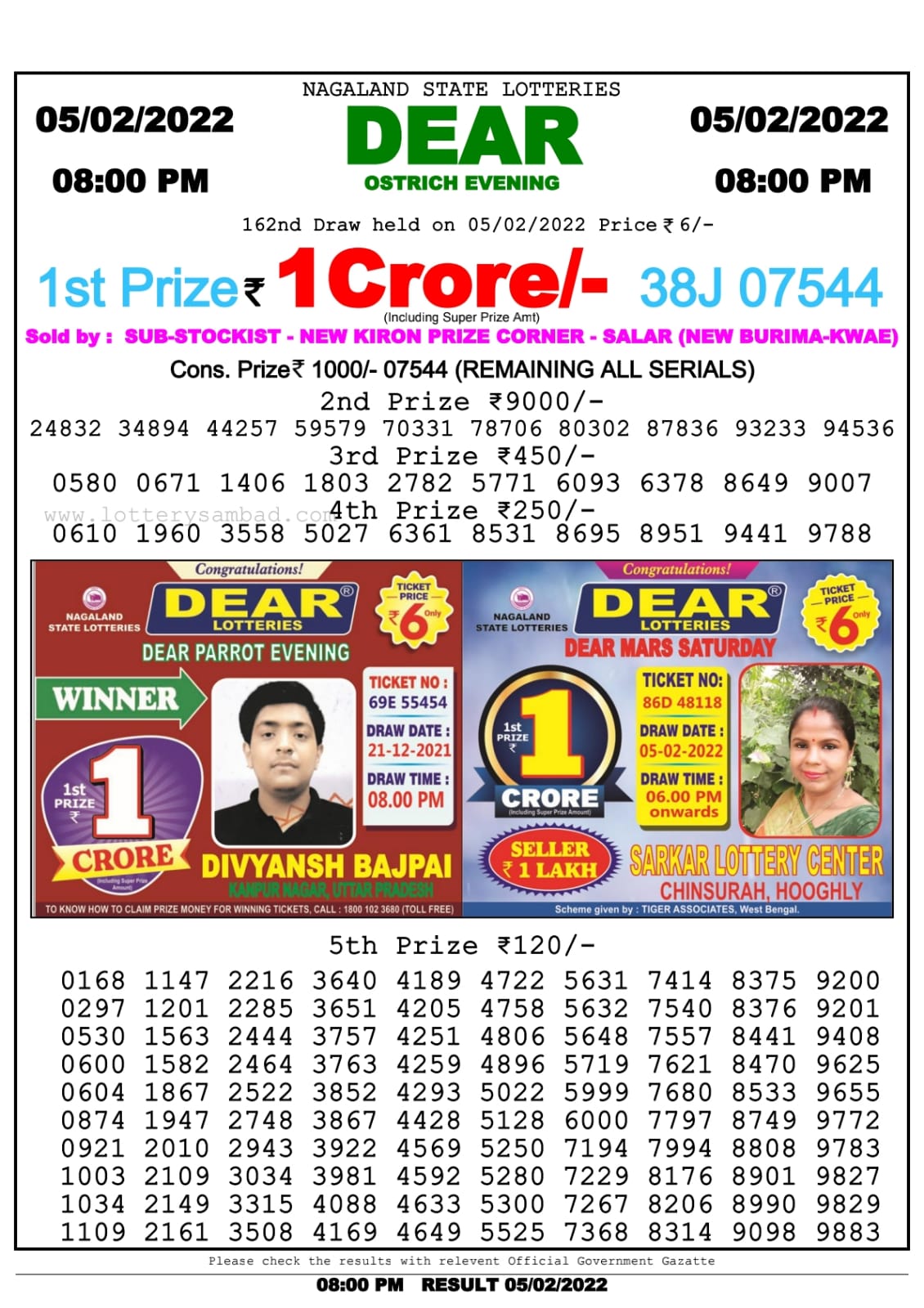 Dear Lottery Nagaland state Lottery Results 8.00 PM 05.02.2022