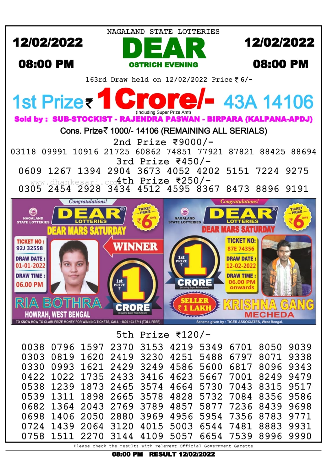 Dear Lottery Nagaland state Lottery Results 8.00 PM