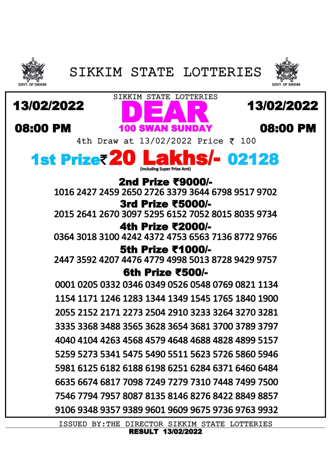 DEAR 100 WEEKLY RESULT 8.00PM 13.02.2022