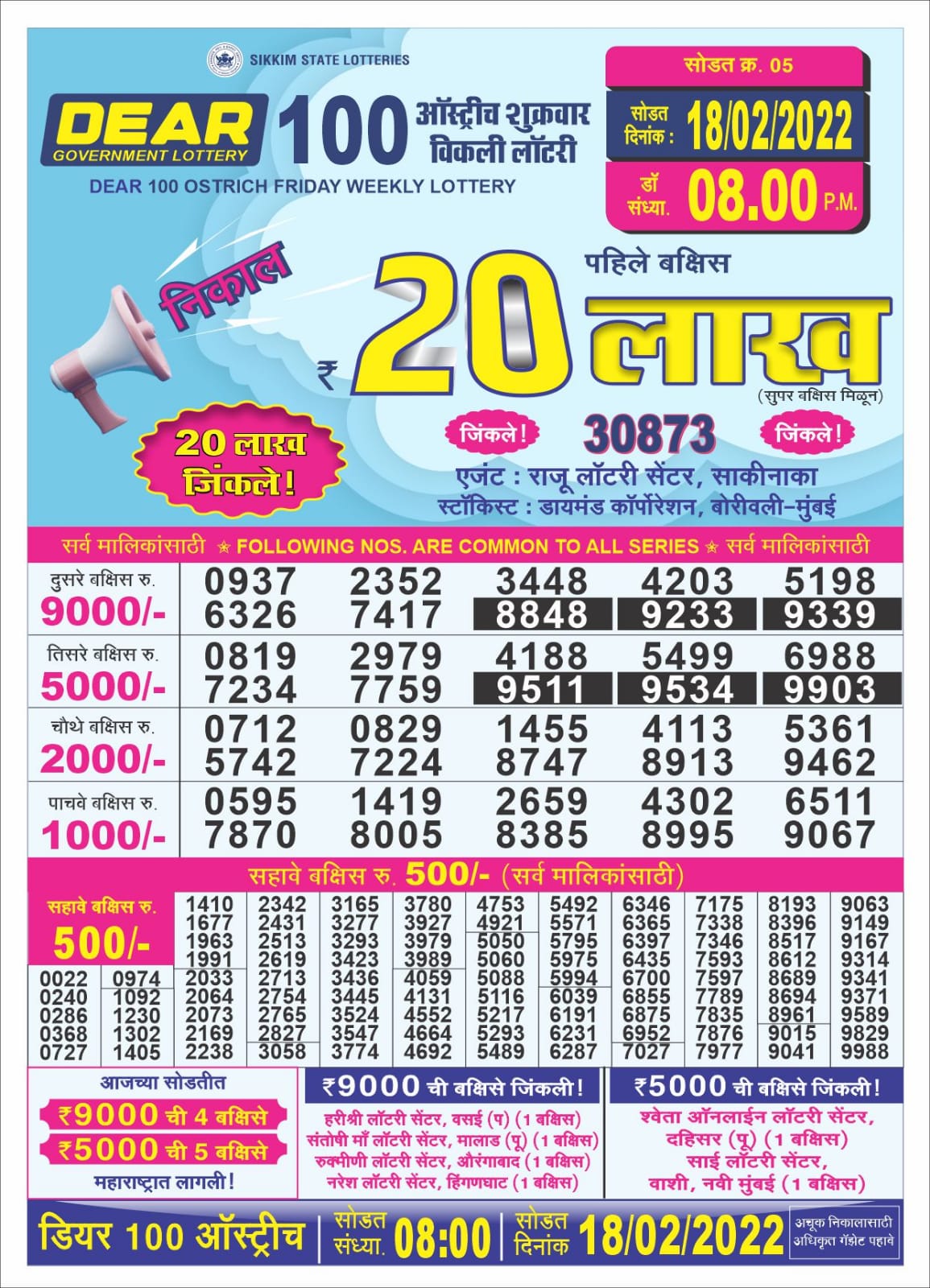 DEAR 100 LOTTERY RESULT 8.00 PM 18.02.2022