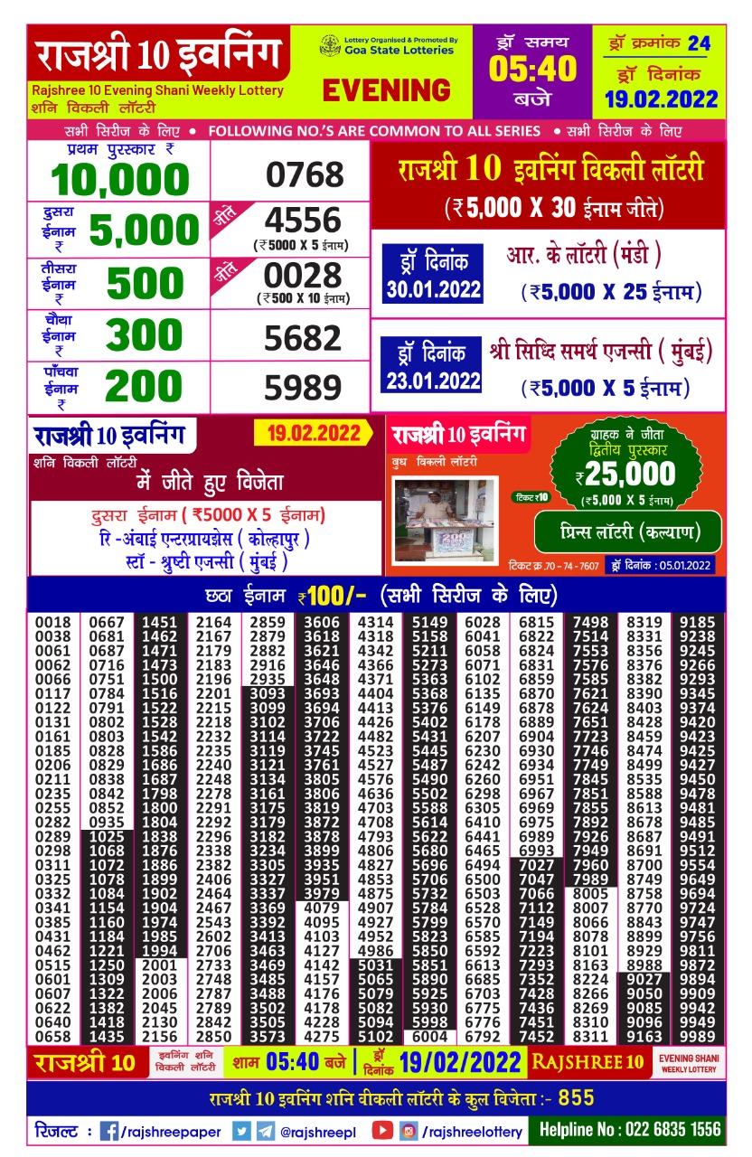 Rajshree 10 Evening Shani Weekly Lottery Result 19.02.2022