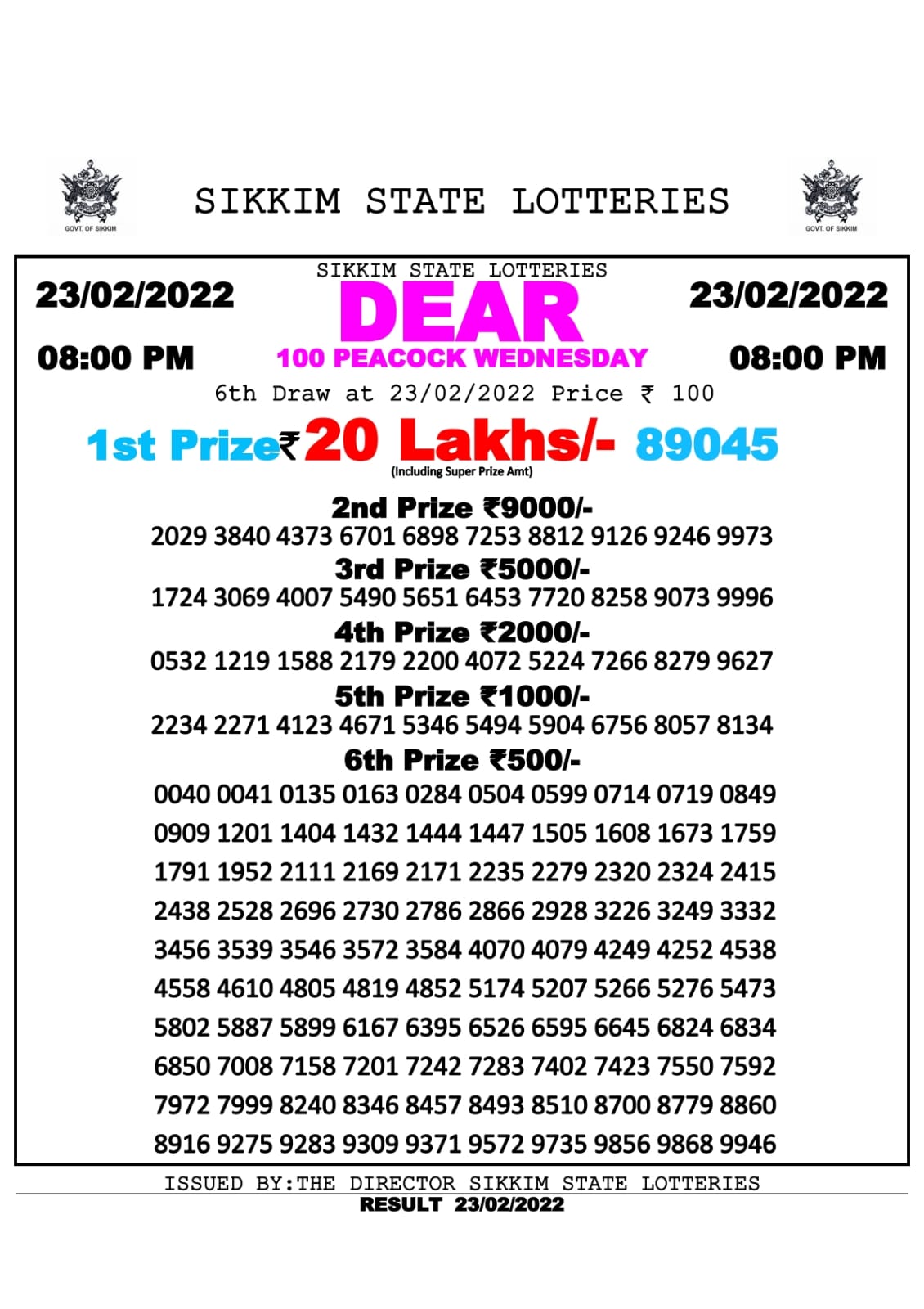 DEAR 100 WEEKLY RESULT 8.00PM 23.02.2022