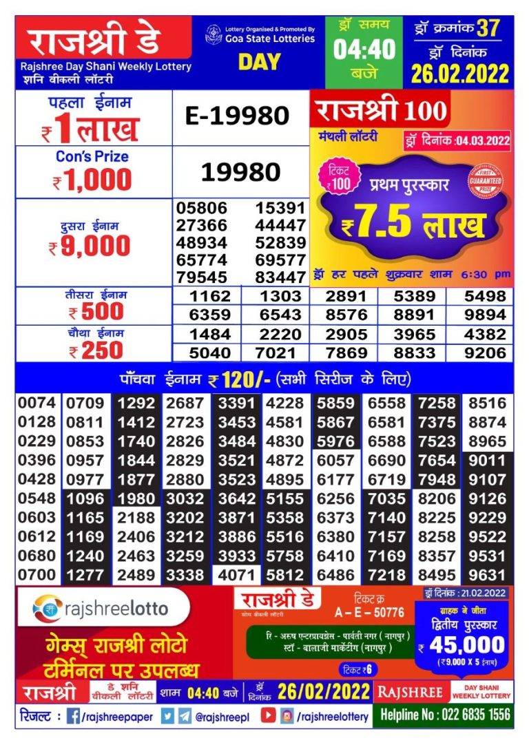 Rajshree Day Shani Weekly Lottery Result 26.02.2022