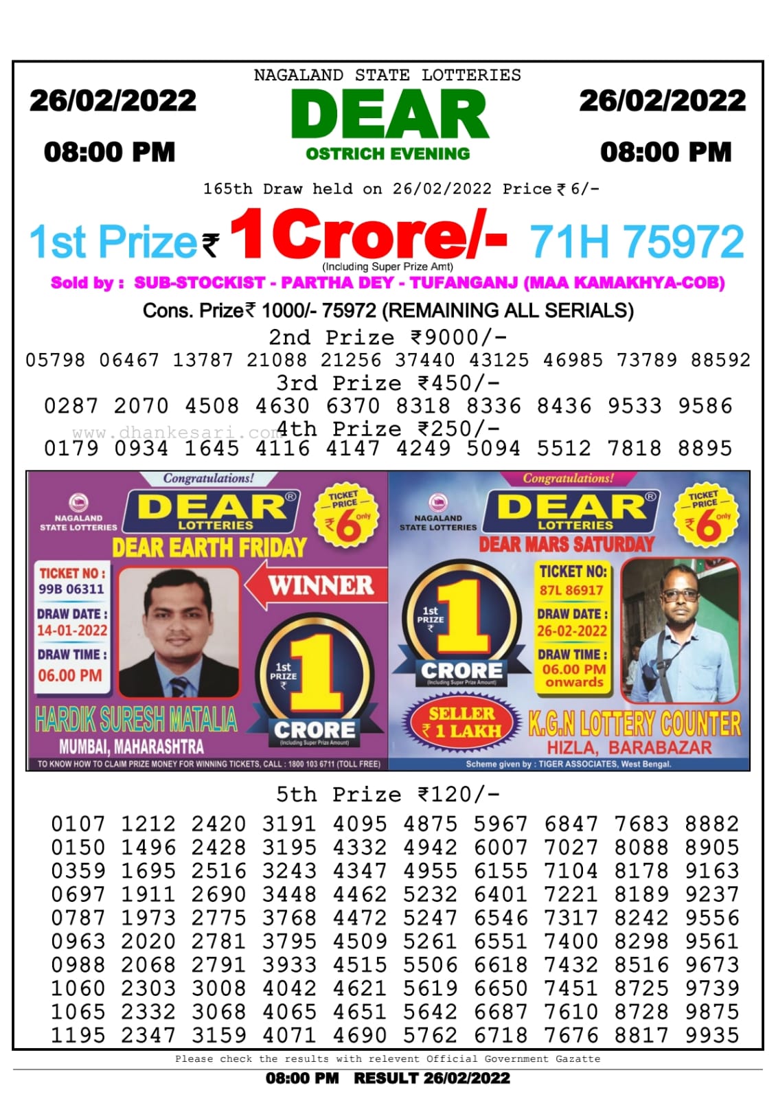 Dear Lottery Nagaland state Lottery Results 8.00 PM 26.02.2022