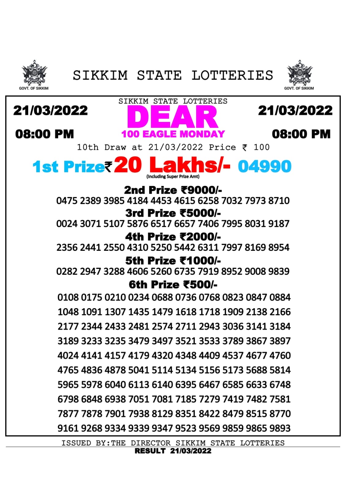 DEAR 100 WEEKLY RESULT 8.00PM 21.03.2022
