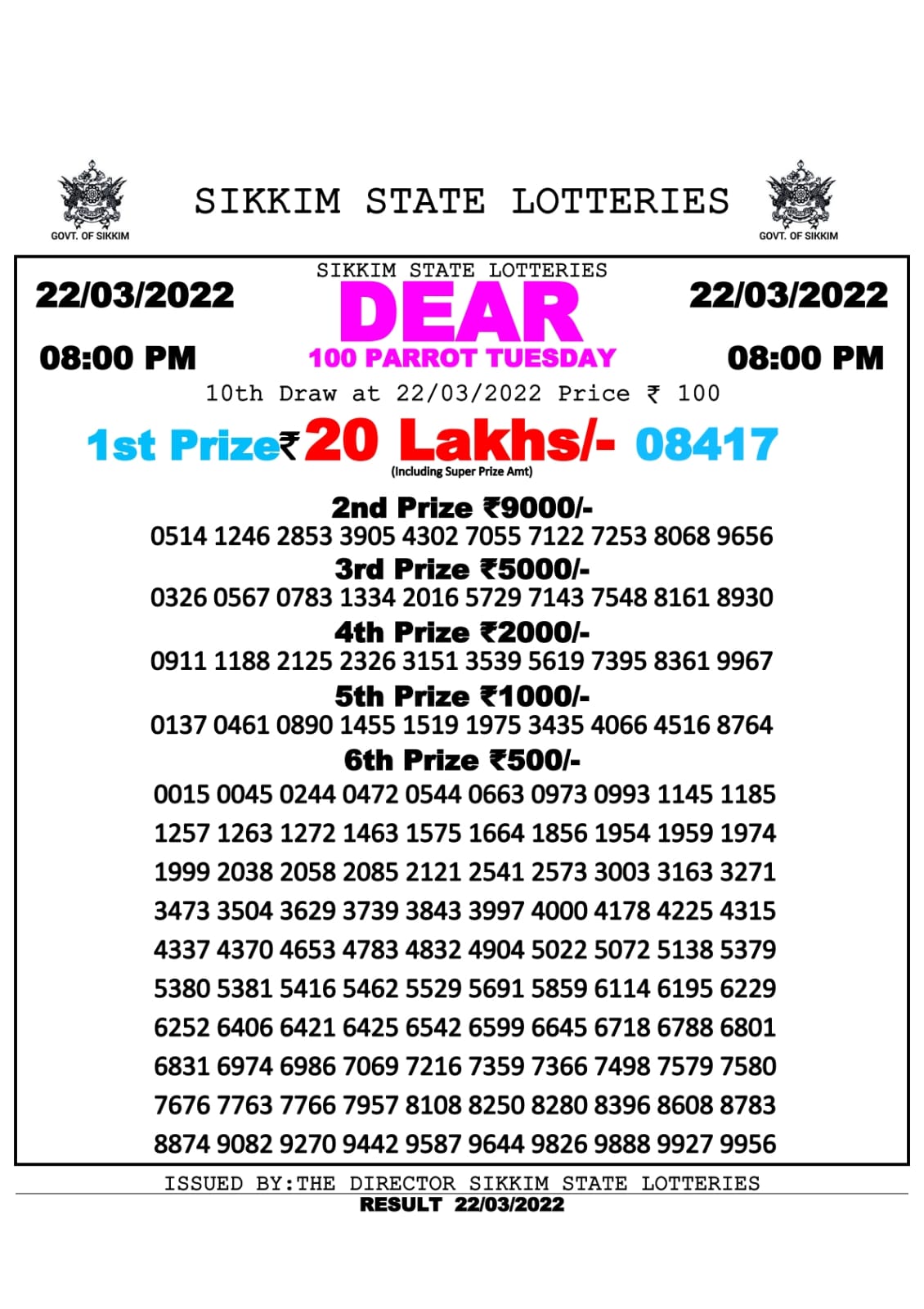 DEAR 100 WEEKLY RESULT 8.00PM 22.03.2022