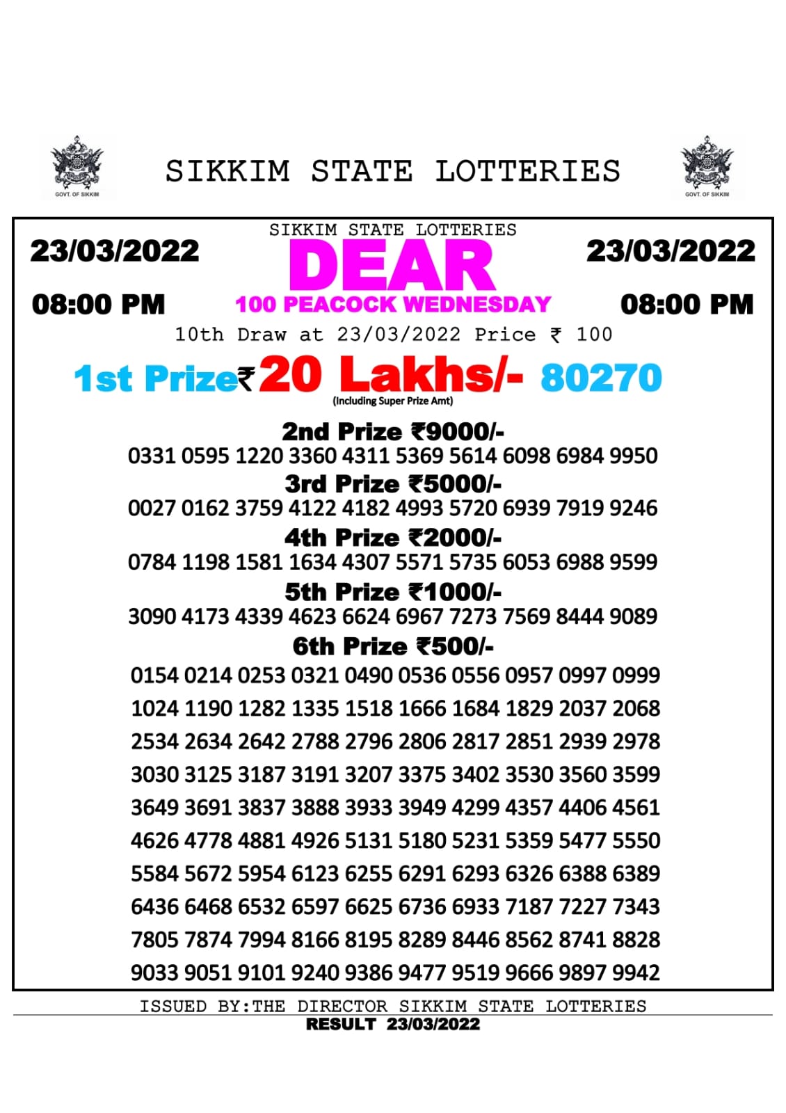 DEAR 100 WEEKLY RESULT 8.00PM 23.03.2022