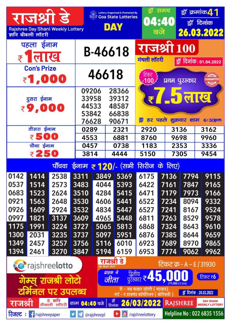 Rajshree Day Shani Weekly Lottery Result 26.03.2022