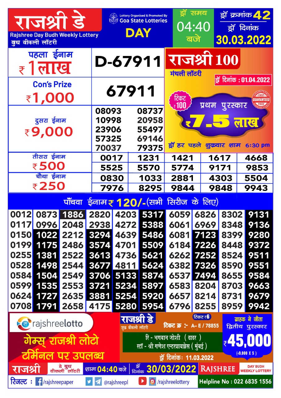 Rajshree Day Budh Weekly Lottery Result 30.03.2022