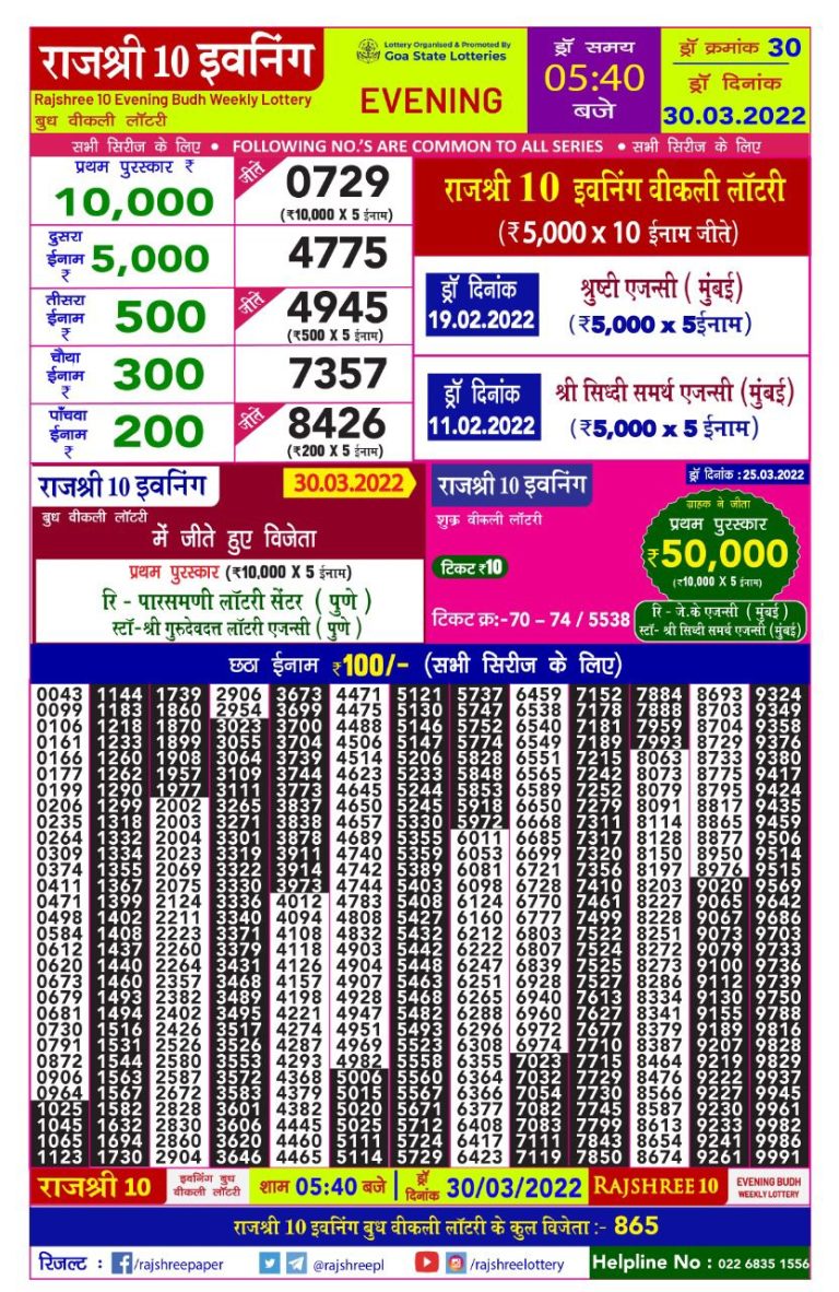 Rajshree 10 Evening Budh Weekly Lottery Result 30.03.2022