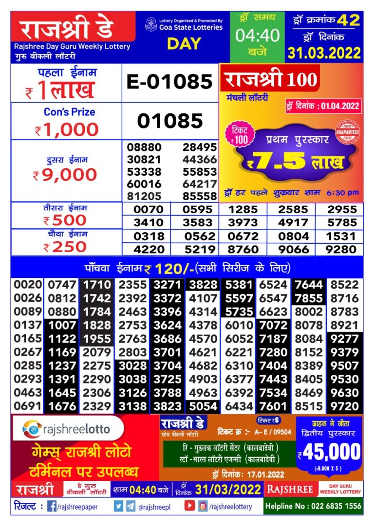 Rajshree Day Guru Weekly Lottery Result 31.03.2022