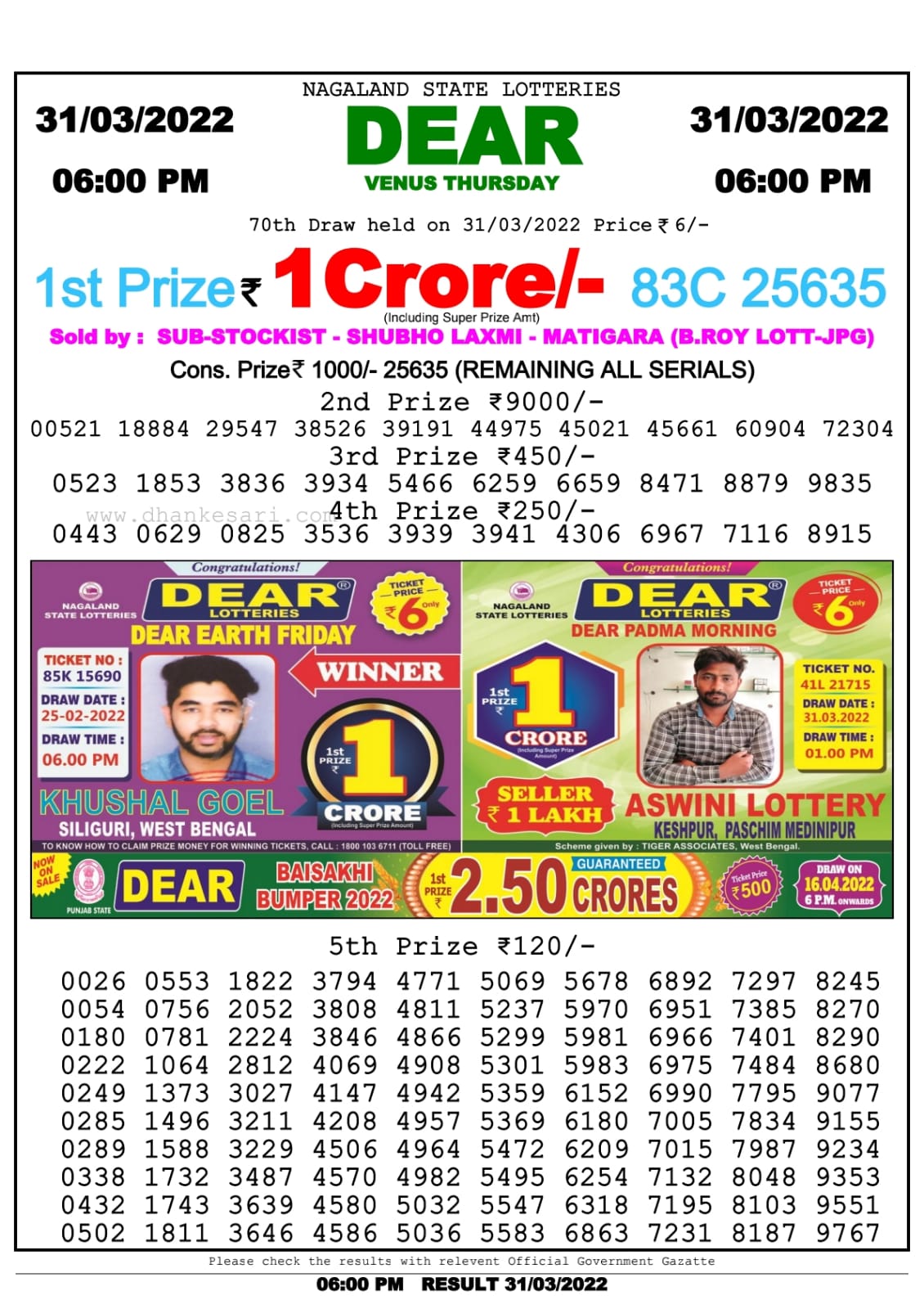 Dear Lottery Nagaland state Lottery Results 06.00 pm 31.03.2022