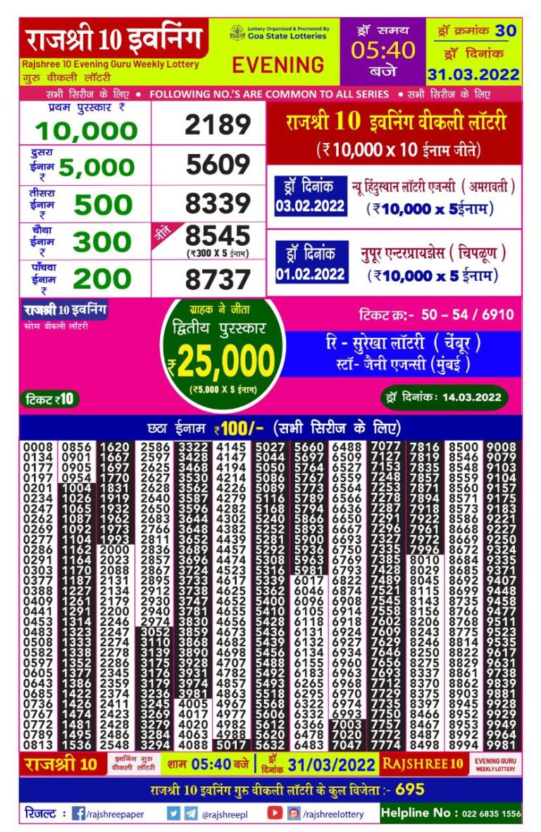 Rajshree 10 Evening Guru Weekly Lottery Result 31.03.2022