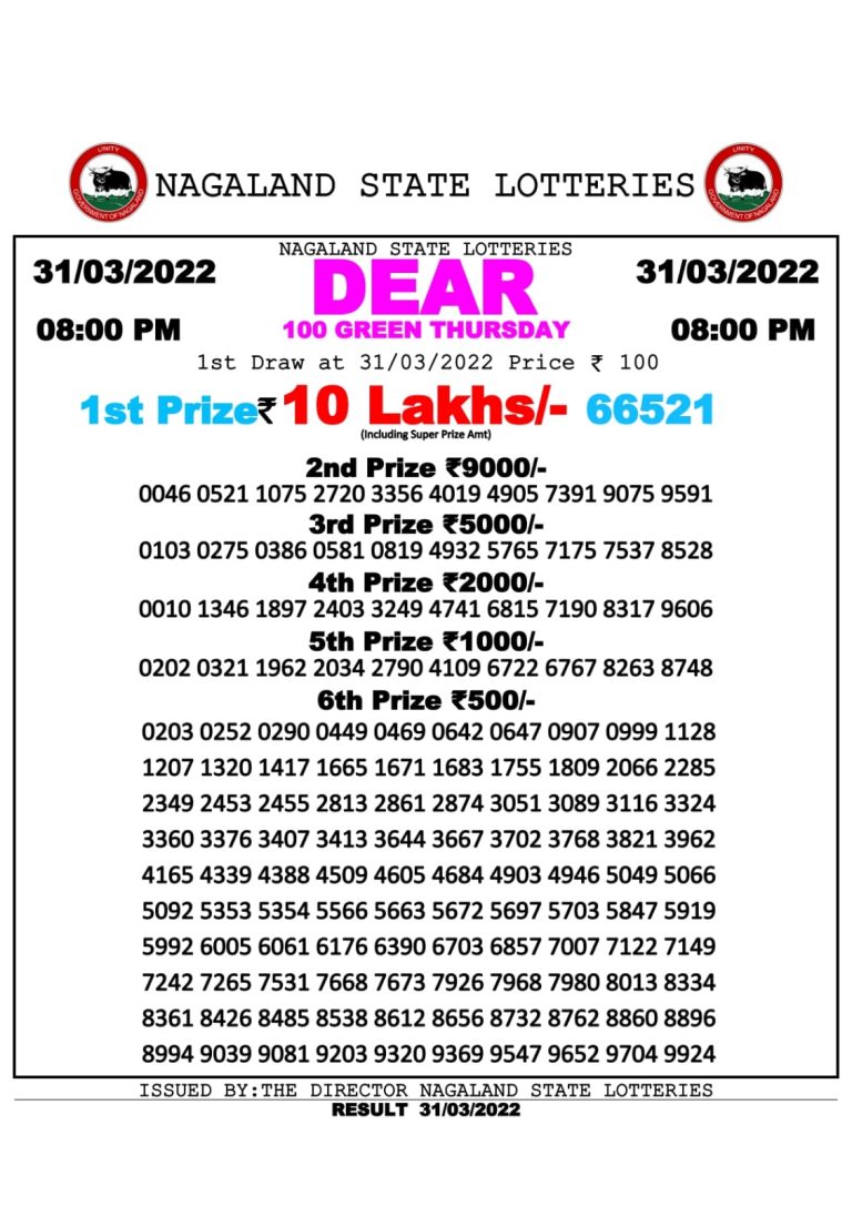 DEAR 100 WEEKLY RESULT 8.00PM