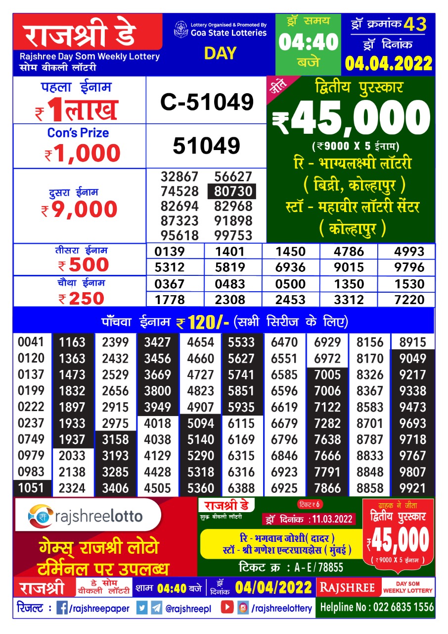 Rajshree Day Som Weekly Lottery Result 04.04.2022