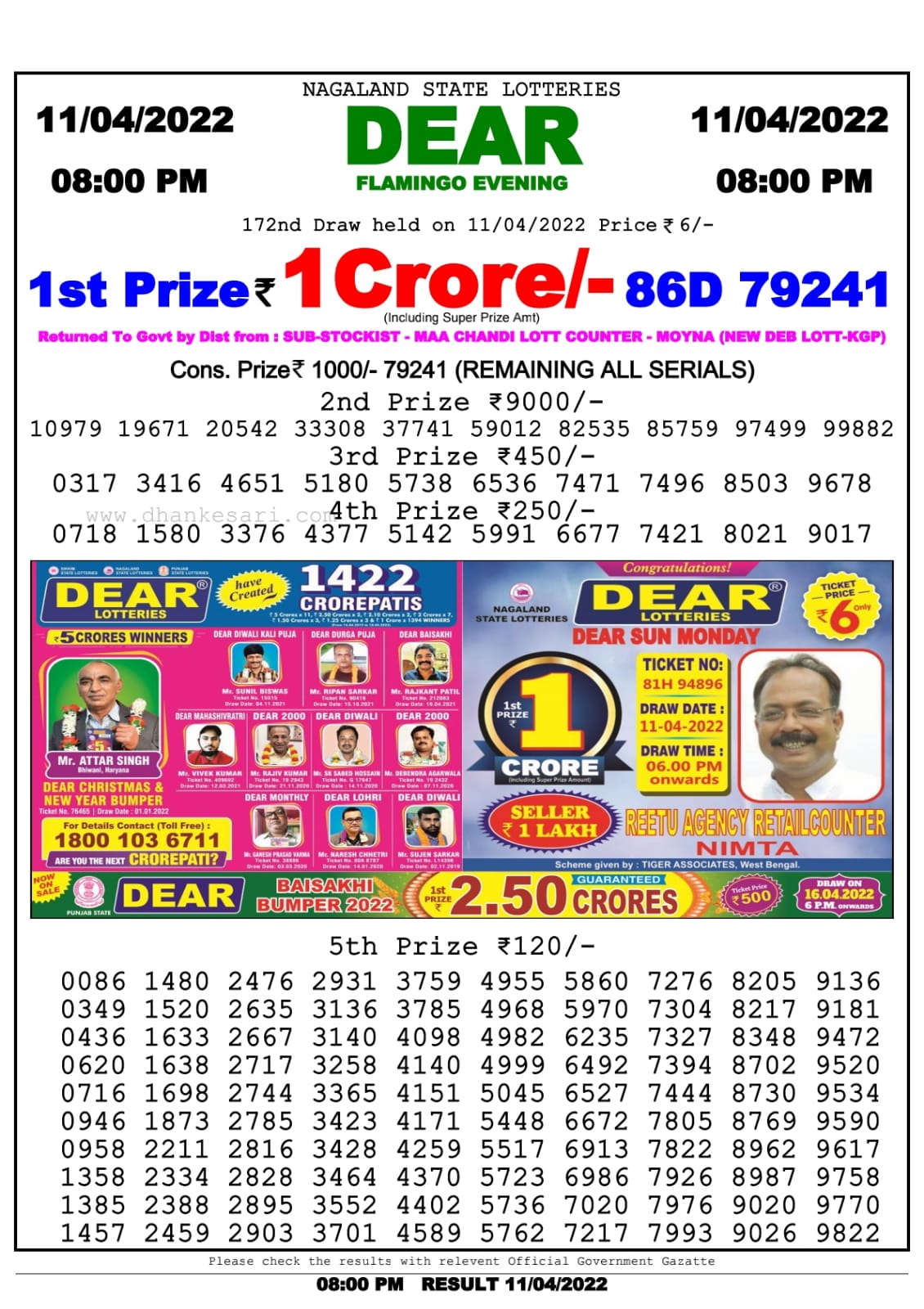 Dear Lottery Nagaland state Lottery Results 08.00 pm 11.04.2022