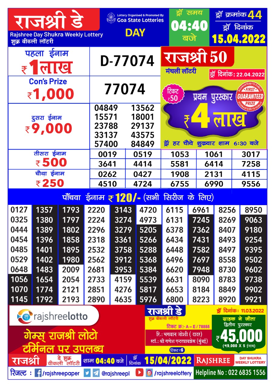 Rajshree Day Shukra Weekly Lottery Result 15.04.2022