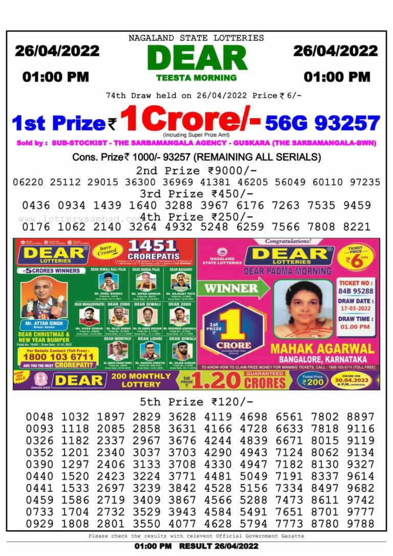 Dear Lottery Nagaland state Lottery Results 01.00 pm 26.04.2022