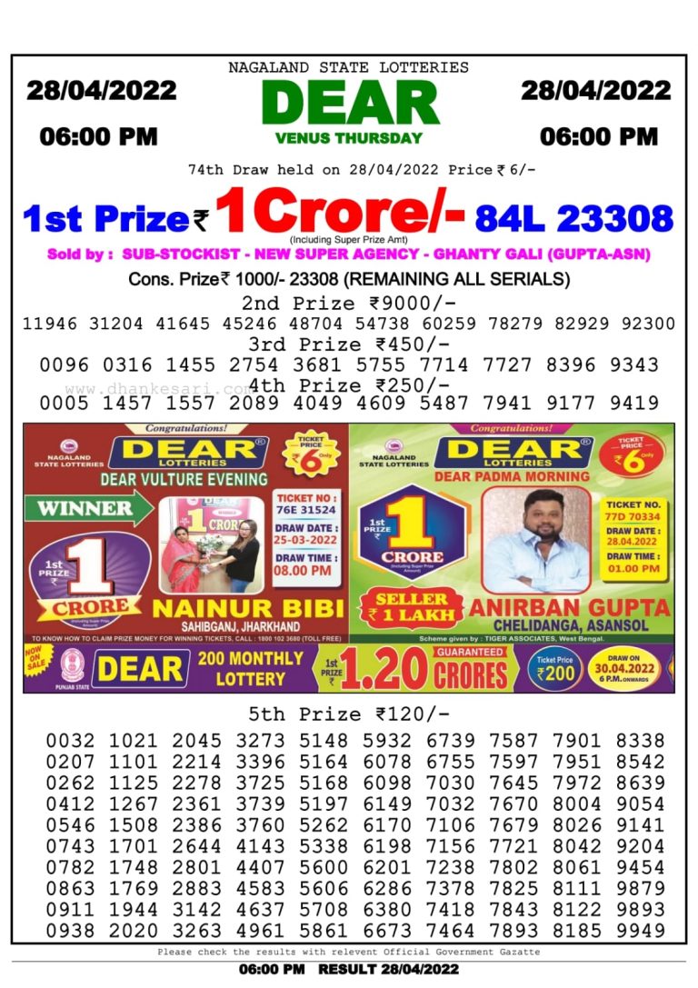Dear Lottery Nagaland state Lottery Results 06.00 pm 28.04.2022