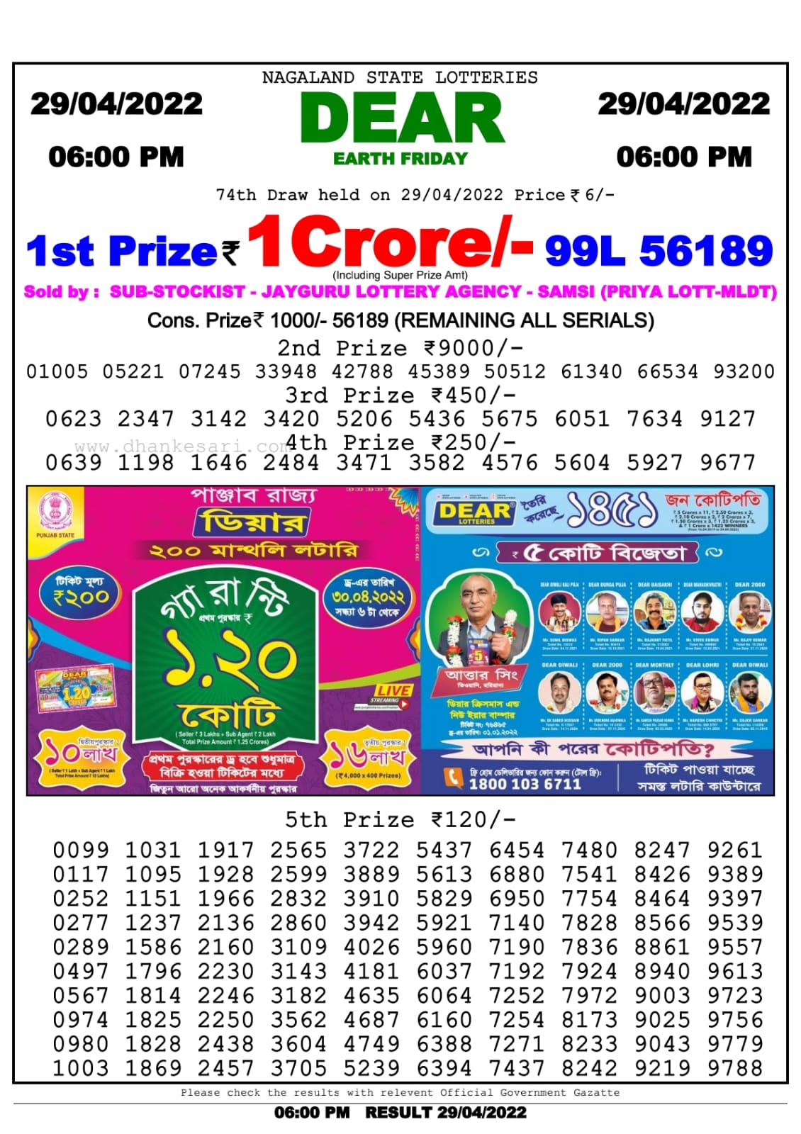 Dear Lottery Nagaland state Lottery Results 06.00 pm 29.04.2022