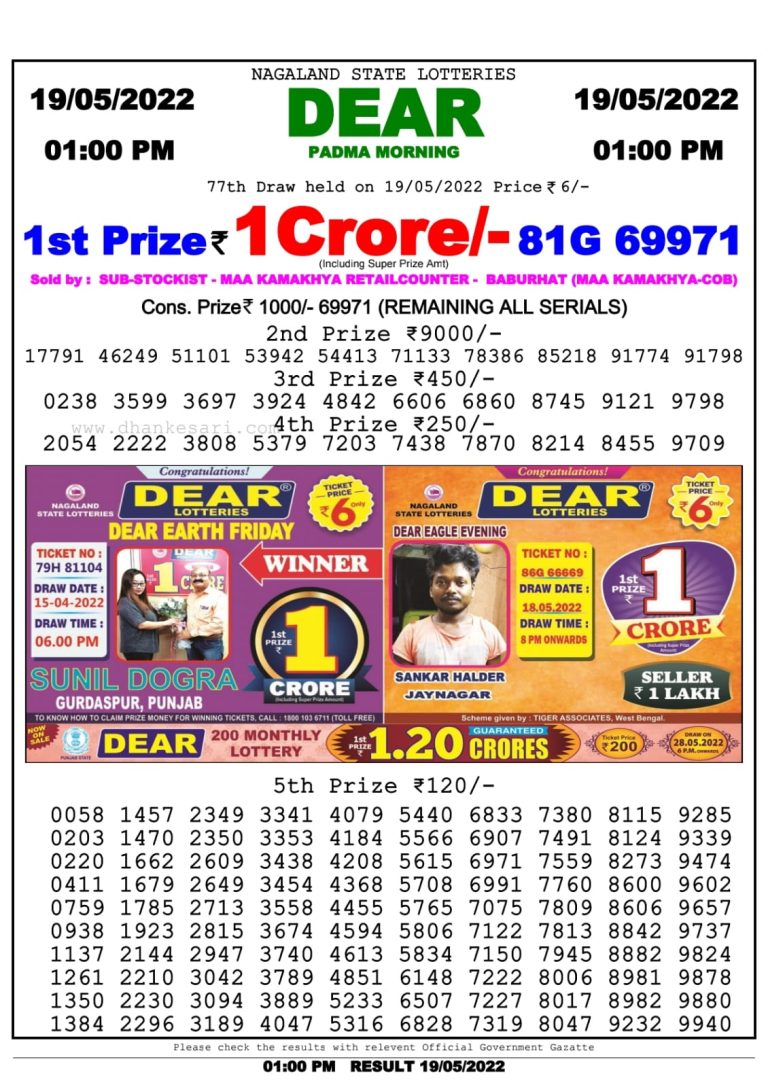 Dear Lottery Nagaland state Lottery Results 01.00 pm 19.05.2022