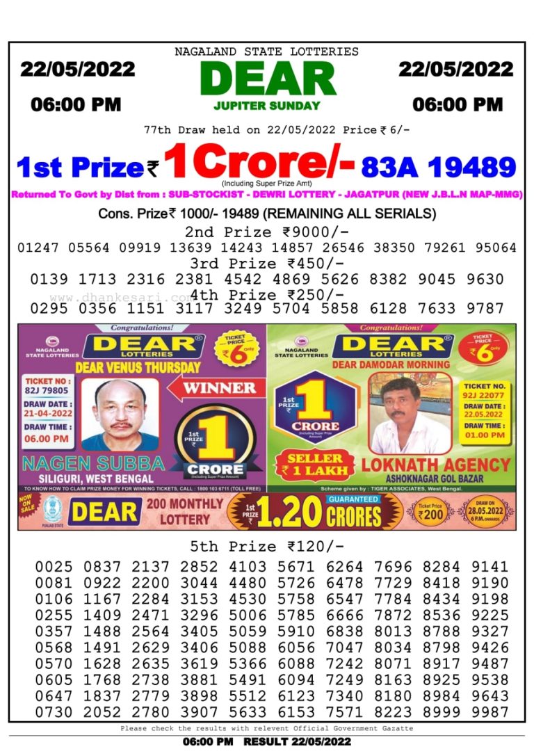 Dear Lottery Nagaland state Lottery Results 06.00 pm 22.05.2022