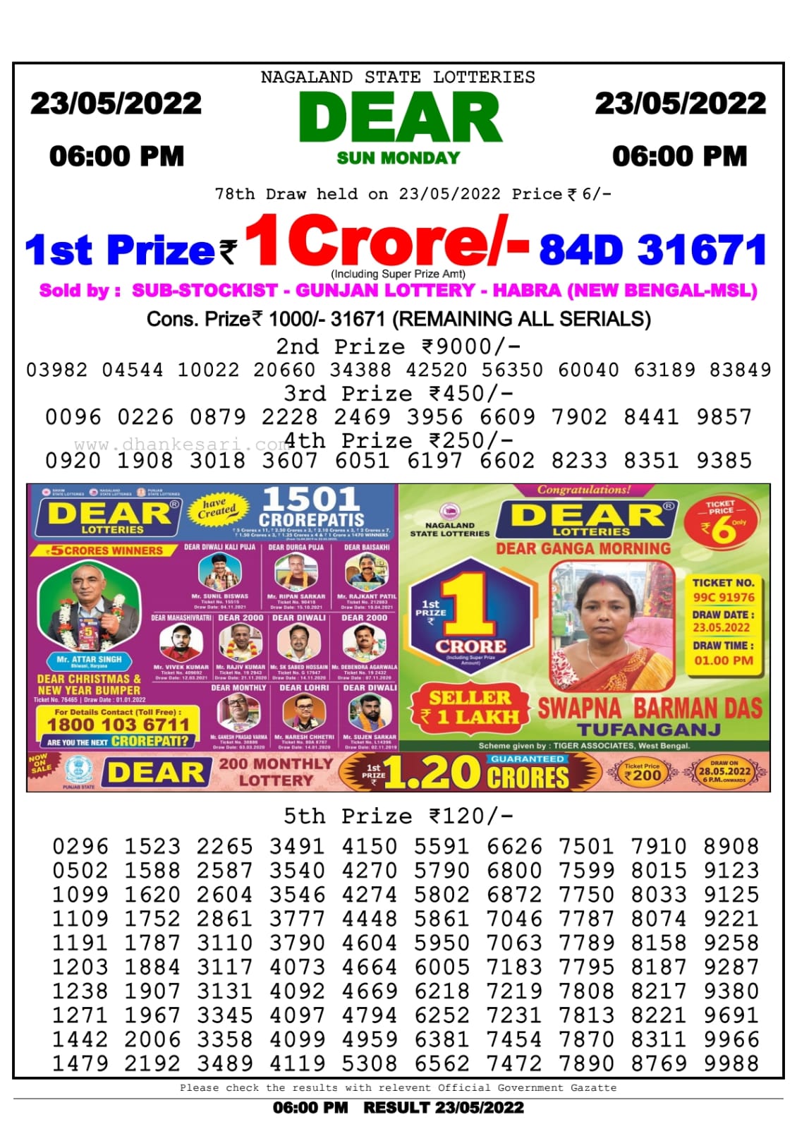 Dear Lottery Nagaland state Lottery Results 06.00 pm 23.05.2022