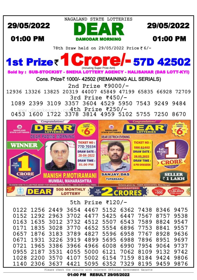Dear Lottery Nagaland state Lottery Results 01.00 pm 29.05.2022