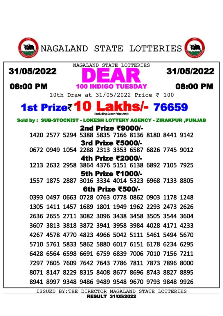 NAGALAND STATE DEAR 100 WEEKLY LOTTERY 08:00 pm 31-05-2022
