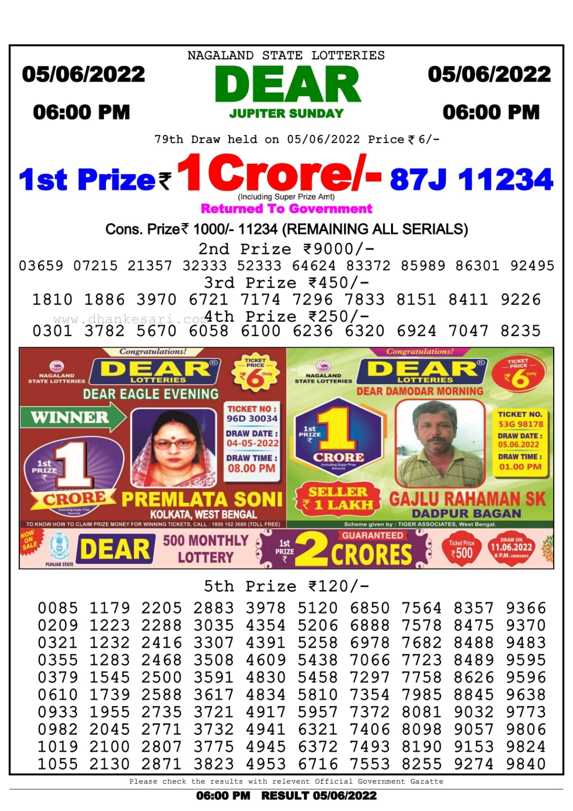 Dear Lottery Nagaland state Lottery Results 06.00 pm 05.06.2022