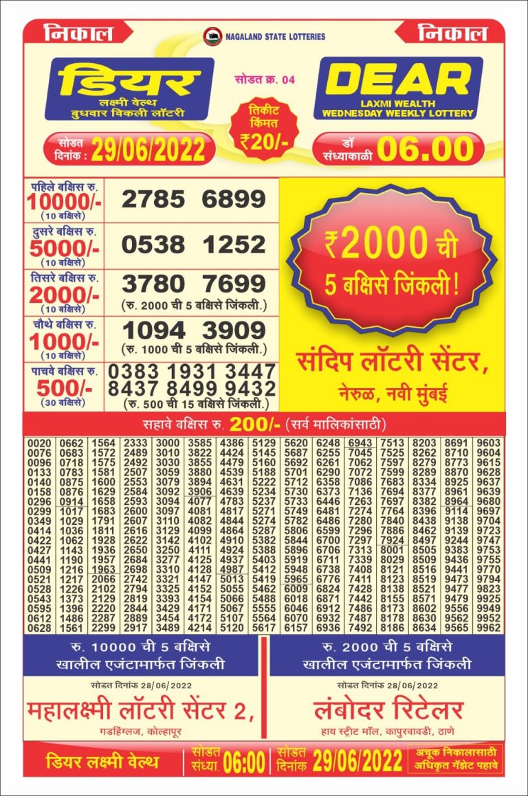 Dear Laxmi20 Lottery Result 29.06.2022