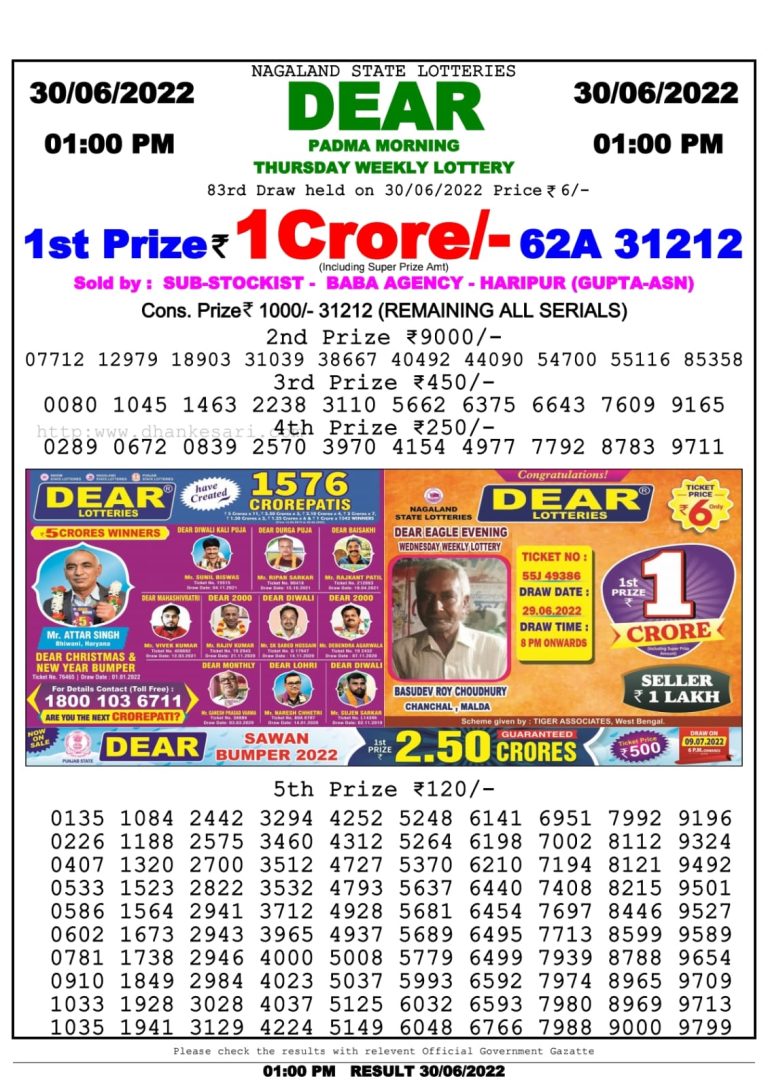 Dear Lottery Nagaland state Lottery Results 01.00 pm 30.06.2022