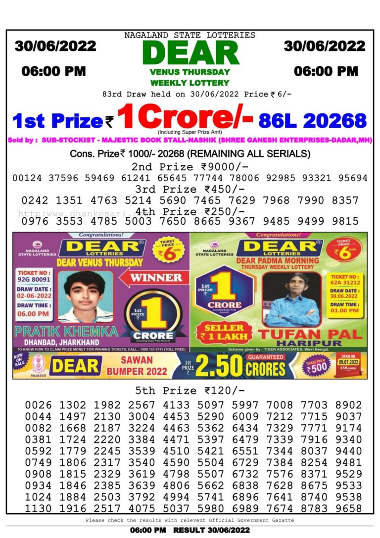 Dear Lottery Nagaland state Lottery Results 06.00 pm 30.06.2022