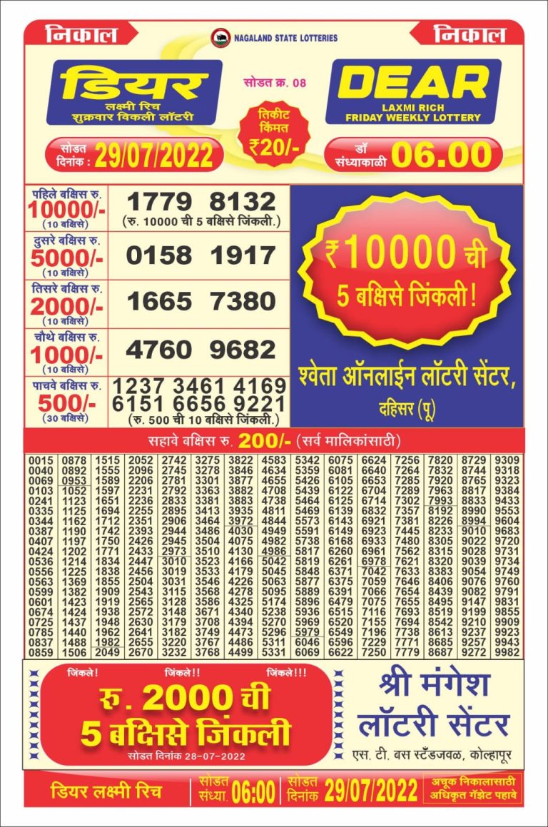 Dear Laxmi 20 lottery result