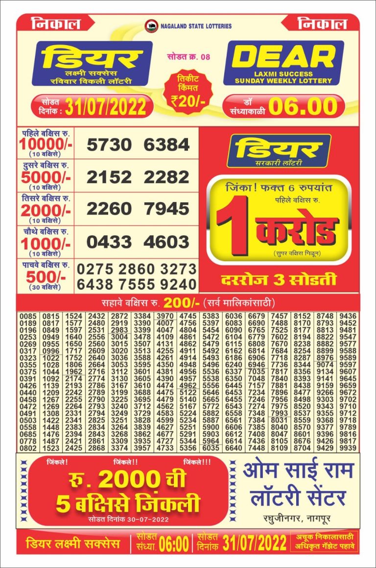 Dear Laxmi20 Lottery Result