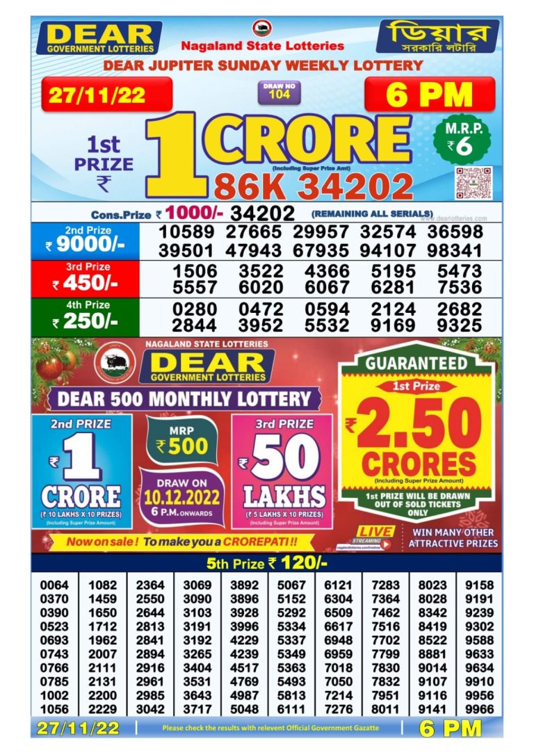 NAGALAND STATE Dear Daily Lottery Result 6.00 pm 27 November 2022