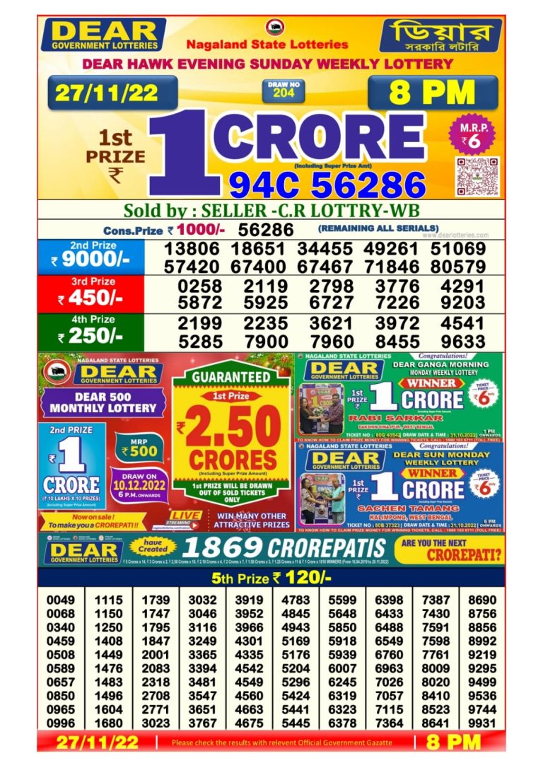 NAGALAND STATE Dear Daily Lottery Result 8.00 pm 27 November 2022