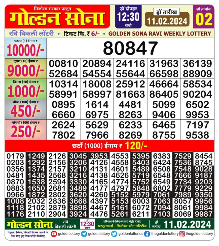 Golden sona 12.30pm lottery result 11th feb 2024 All State Lottery