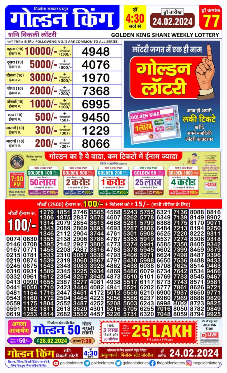 Golden king lottery 4.30pm result 24 feb 2024 All State Lottery