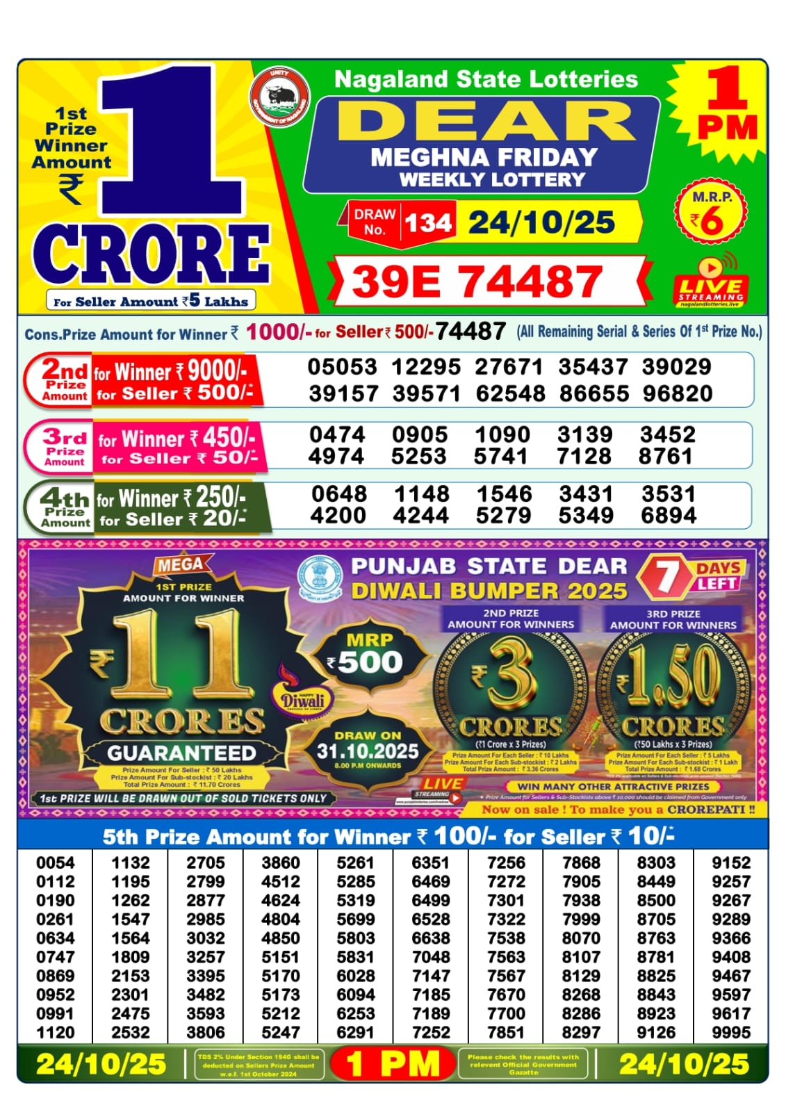 Dear Meghna Lottery 1pm Daily Result 24 October 2025