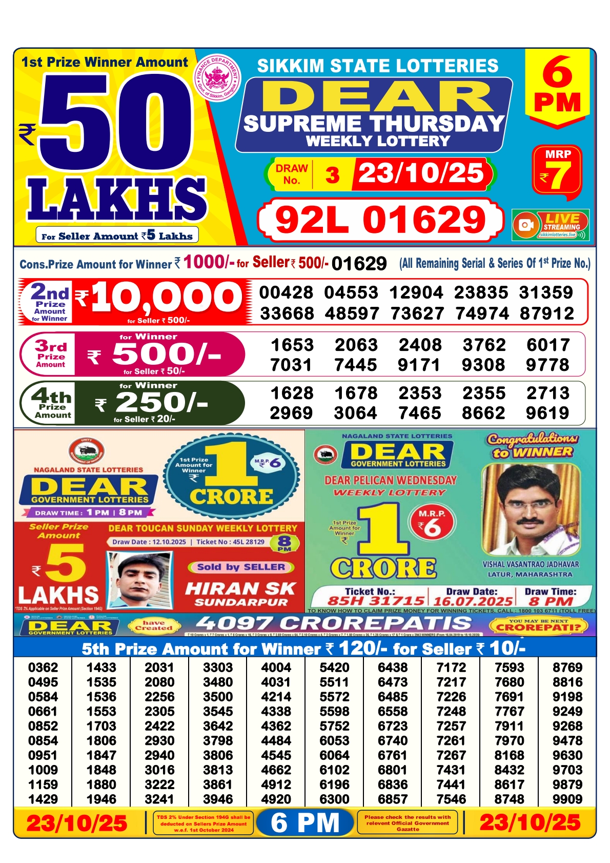 Dear Supreme Lottery 6pm Result 23 October 2025
