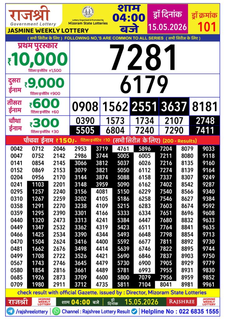 Rajshree Jasmine Lottery 4pm Daily Result 15 May 2026