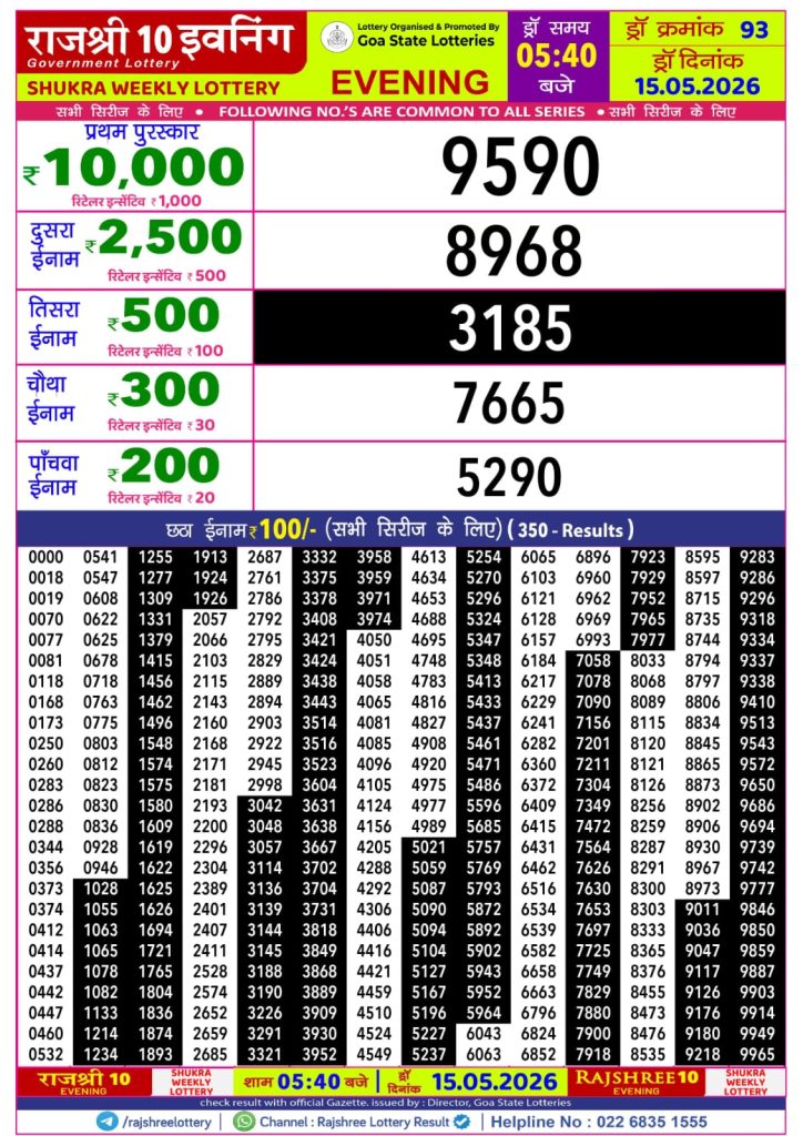 Rajshree 10 Evening Weekly 5:40 pm Lottery Result 15 May 2026