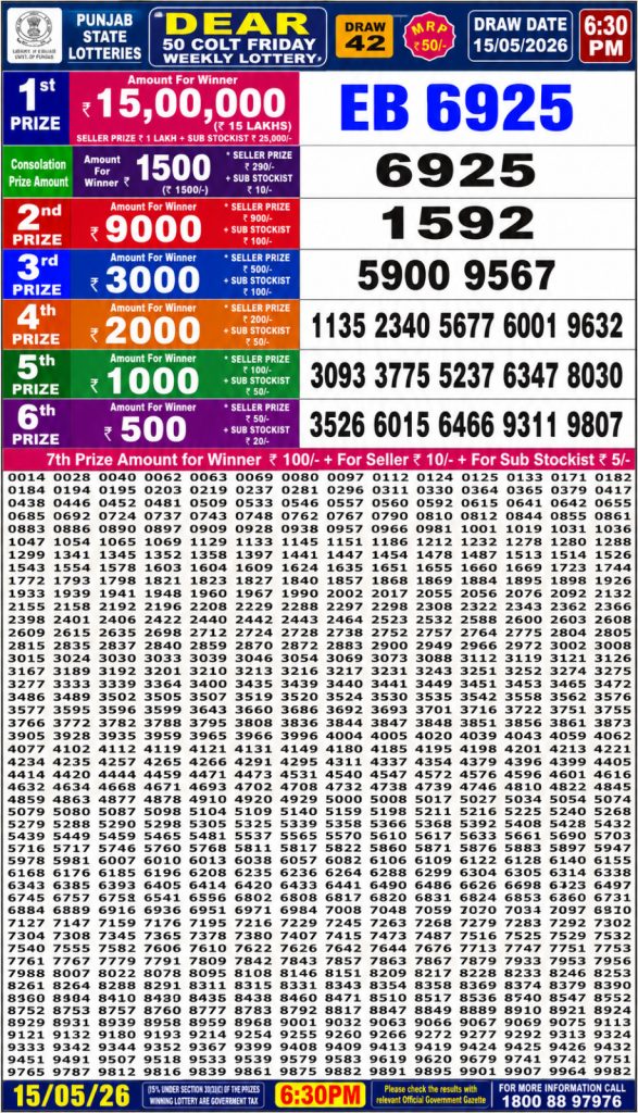 Punjab State Dear 50 6:30pm Weekly Lottery 15 May 2026