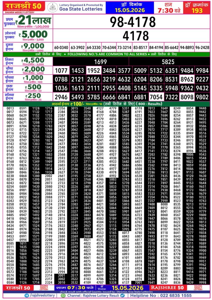 Rajshree 50 Lottery 7:30pm Daily Result 15 May 2026