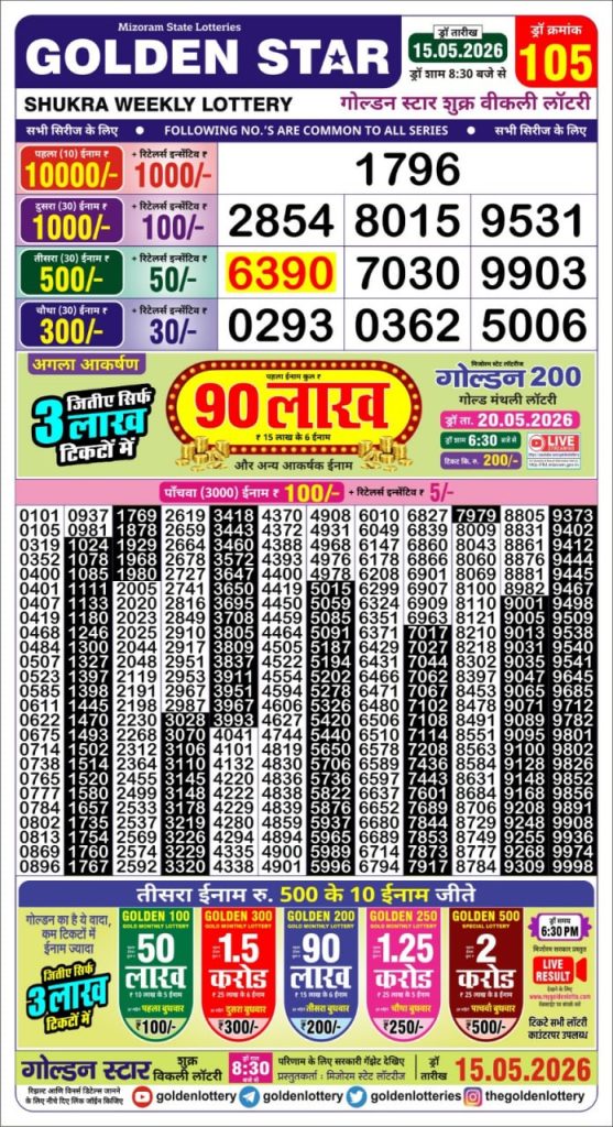 Golden Star Weekly 8:30pm Lottery Result 15 May 2026