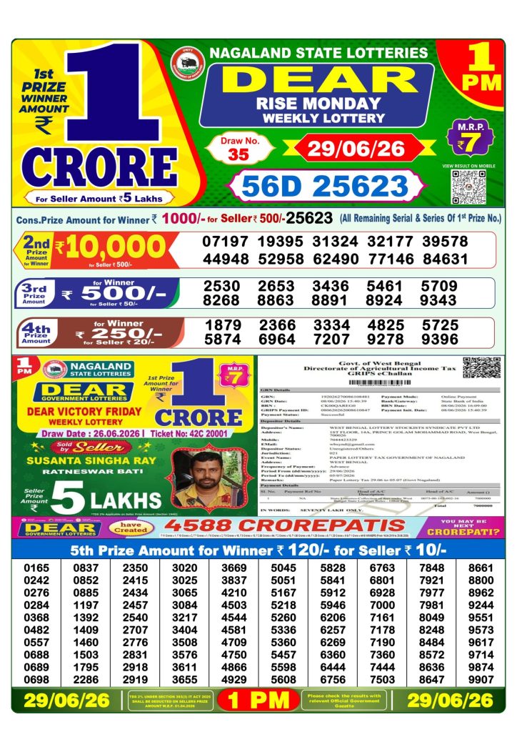 Dear Rise Lottery 1pm Daily Result 29 June 2026
