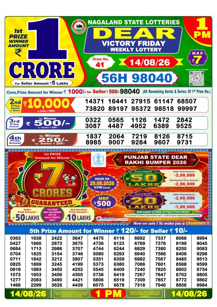 Dear Victory Friday Lottery 1pm Daily Result 14 August 2026
